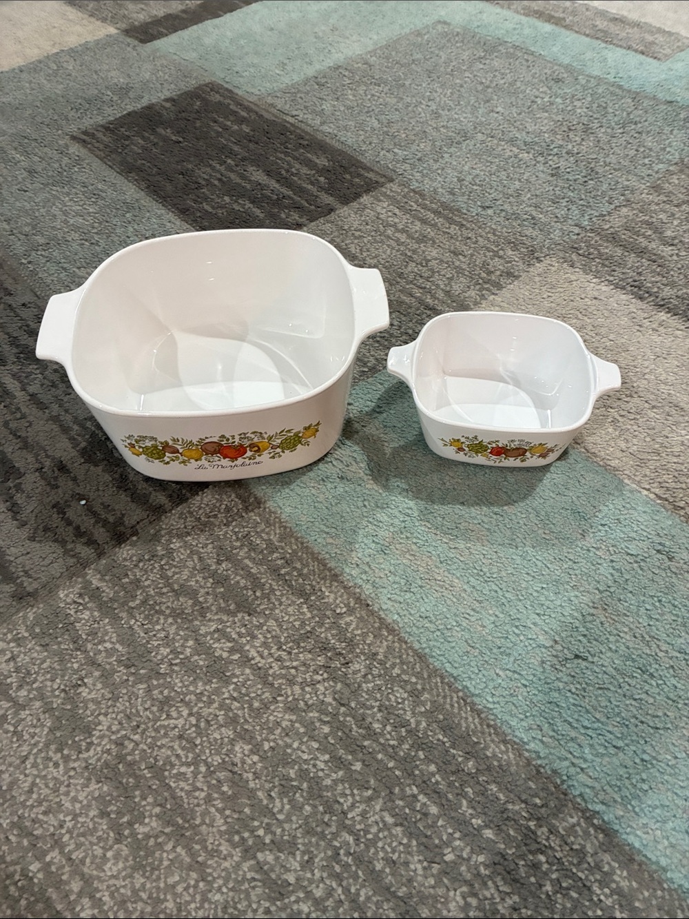 Corningware White Casserole Dishes with Fruit and Floral Motif - Set of 2
